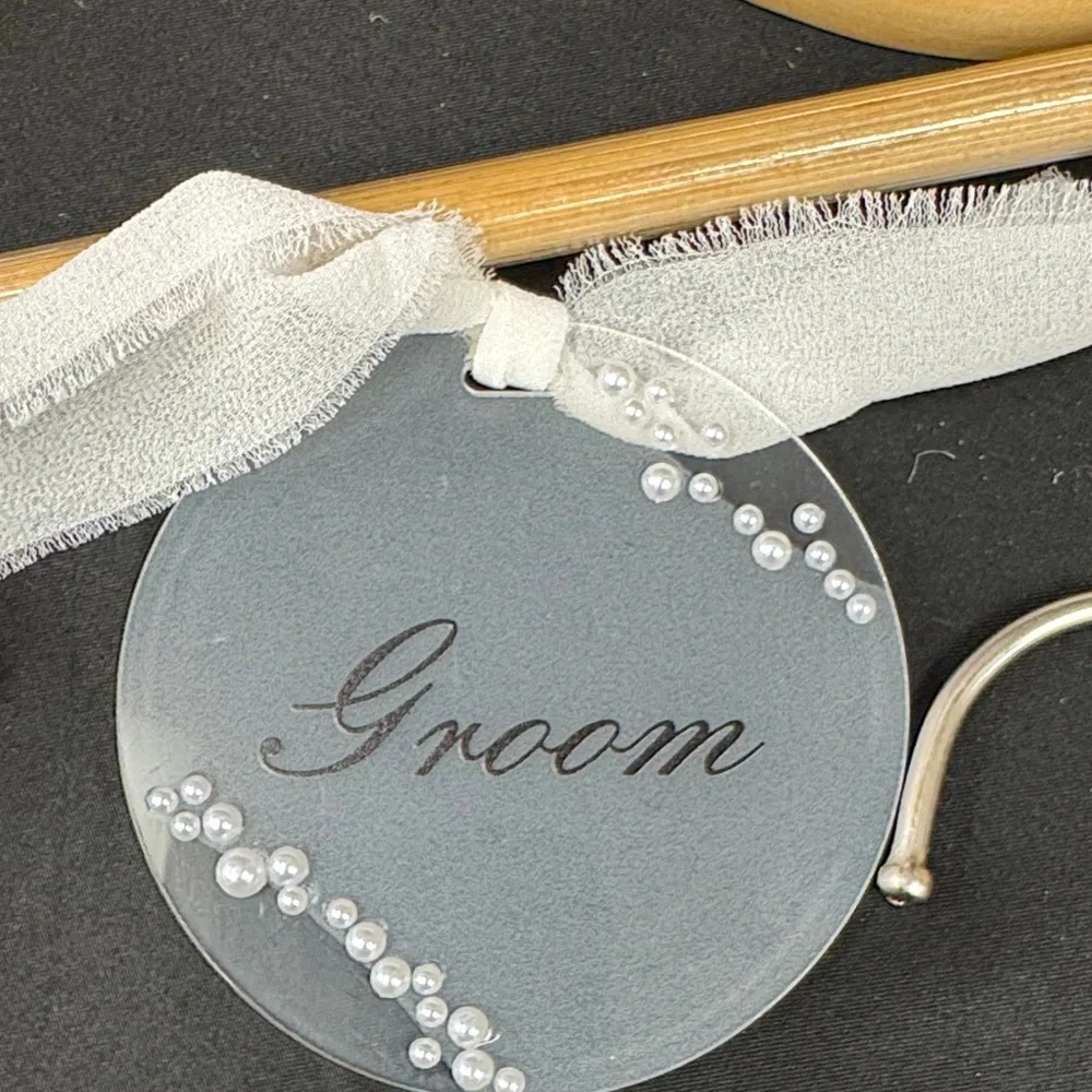 Bride and Groom Elegant Wooden Hangers Set with Silver Hooks hanging tags new